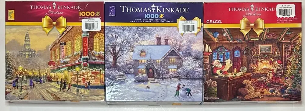 New Sealed Set of 3 Thomas Kinkade 1000pc Puzzles 3328-43, 3328-57, 3328-49